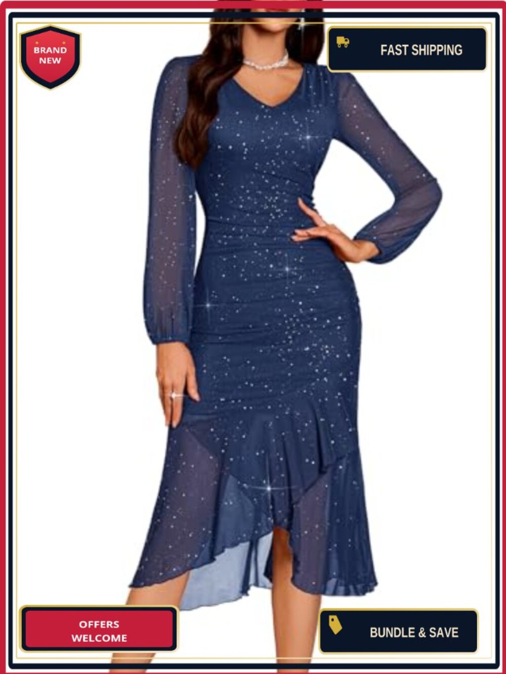 Sequin Bodycon Maxi Dress Long Sheer Sleeve Hi-Low Ruffle Hem Sparkly